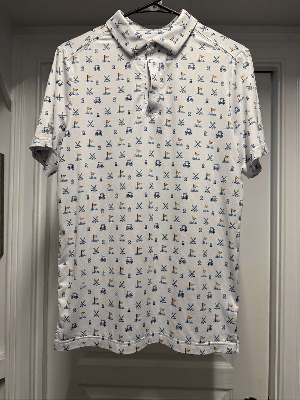 BURLEBO White Polo with Blue & Yellow Golf Motif